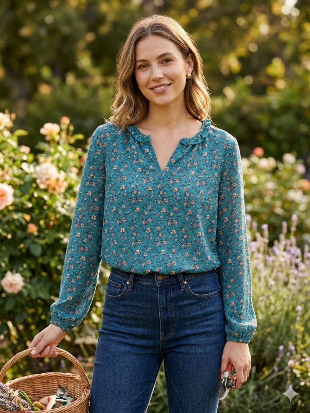MELLODAY Teal Floral Long Sleeve V-Neck Top